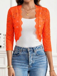 SHEIN Clasi Solid Color Shell Trim Sheer Elegant Lace Cardigan Birthday Party Date Orange Red Autumn - Burnt Orange - View 5