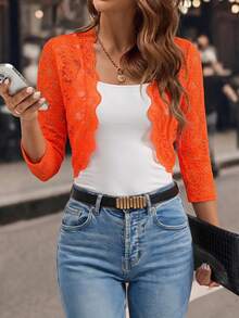 SHEIN Clasi Solid Color Shell Trim Sheer Elegant Lace Cardigan Birthday Party Date Orange Red Autumn - Burnt Orange - View 1