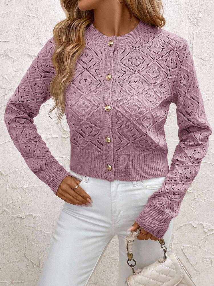 SHEIN Clasi Women's Solid Color Minimalist Long Sleeve Cropped Hollow Out Cardigan, Everyday Wear,Fall - Dusty Purple - View 6
