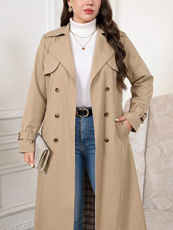 SHEIN Clasi Curvy Plus Size Women's Khaki Double-Breasted Long Trench Coat,Plaid Fabric Lining Belted Lapel Jacket With Pockets,Autumn Casual Bussines Office Wear