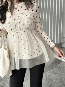 FRIFUL Kaos Lengan Panjang Wanita Gaya Korea Baru untuk Awal Musim Gugur dengan Motif Polkadot dan Jala Transparan - Krem - View 2