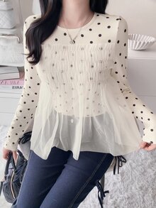 FRIFUL Kaos Lengan Panjang Wanita Gaya Korea Baru untuk Awal Musim Gugur dengan Motif Polkadot dan Jala Transparan - Krem - View 6