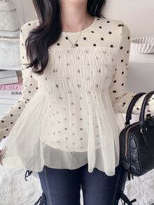 FRIFUL Kaos Lengan Panjang Wanita Gaya Korea Baru untuk Awal Musim Gugur dengan Motif Polkadot dan Jala Transparan - Krem - View 8