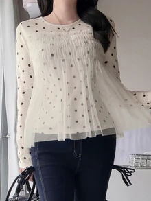 FRIFUL Kaos Lengan Panjang Wanita Gaya Korea Baru untuk Awal Musim Gugur dengan Motif Polkadot dan Jala Transparan - Krem - View 3