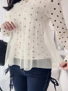 FRIFUL Kaos Lengan Panjang Wanita Gaya Korea Baru untuk Awal Musim Gugur dengan Motif Polkadot dan Jala Transparan - Krem - View 7