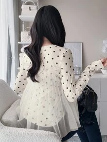 FRIFUL Kaos Lengan Panjang Wanita Gaya Korea Baru untuk Awal Musim Gugur dengan Motif Polkadot dan Jala Transparan - Krem - View 9