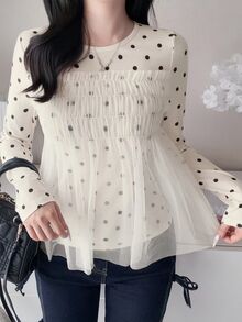 FRIFUL Kaos Lengan Panjang Wanita Gaya Korea Baru untuk Awal Musim Gugur dengan Motif Polkadot dan Jala Transparan - Krem - View 4