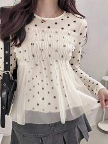 FRIFUL Kaos Lengan Panjang Wanita Gaya Korea Baru untuk Awal Musim Gugur dengan Motif Polkadot dan Jala Transparan - Krem - View 1
