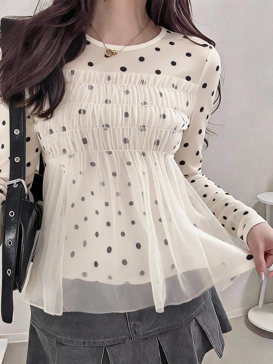 FRIFUL Kaos Lengan Panjang Wanita Gaya Korea Baru untuk Awal Musim Gugur dengan Motif Polkadot dan Jala Transparan - Krem - View 1
