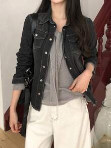 DAZY Kaos Wanita Bergaris Model Off-Shoulder, Pas Badan, Serbaguna, Kasual Sehari-hari, Musim Gugur - Coklat - View 7