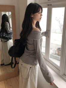 DAZY Kaos Wanita Bergaris Model Off-Shoulder, Pas Badan, Serbaguna, Kasual Sehari-hari, Musim Gugur - Coklat - View 5