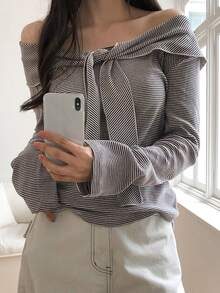 DAZY Kaos Wanita Bergaris Model Off-Shoulder, Pas Badan, Serbaguna, Kasual Sehari-hari, Musim Gugur - Coklat - View 3