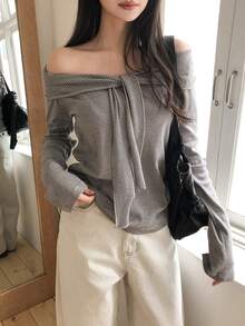 DAZY Kaos Wanita Bergaris Model Off-Shoulder, Pas Badan, Serbaguna, Kasual Sehari-hari, Musim Gugur - Coklat - View 1