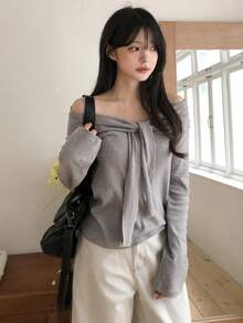DAZY Kaos Wanita Bergaris Model Off-Shoulder, Pas Badan, Serbaguna, Kasual Sehari-hari, Musim Gugur - Coklat - View 4