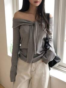 DAZY Kaos Wanita Bergaris Model Off-Shoulder, Pas Badan, Serbaguna, Kasual Sehari-hari, Musim Gugur - Coklat - View 6