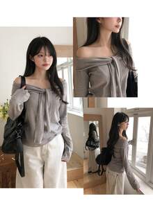 DAZY Kaos Wanita Bergaris Model Off-Shoulder, Pas Badan, Serbaguna, Kasual Sehari-hari, Musim Gugur - Coklat - View 2