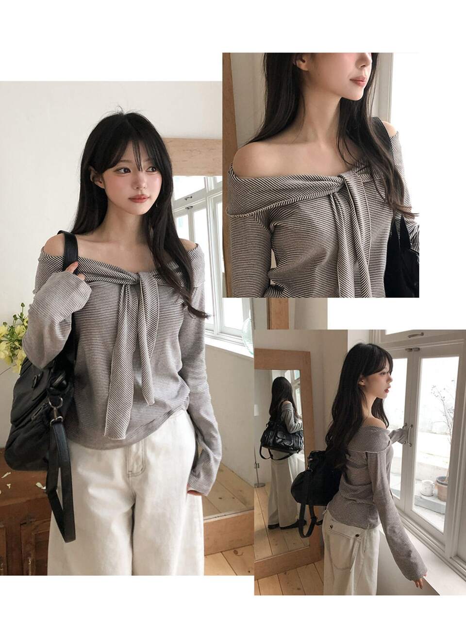 Women's Striped Off-Shoulder Fitted Versatile Daily Casual T-Shirt Fall
