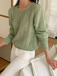 DAZY Solid Color Loose Fit Crew Neck Long Sleeve Casual Vacation Autumn/Winter Pullover Knit Sweater For Women - Green - View 3