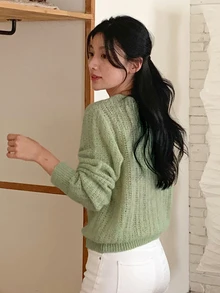 DAZY Solid Color Loose Fit Crew Neck Long Sleeve Casual Vacation Autumn/Winter Pullover Knit Sweater For Women - Green - View 7