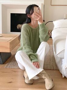 DAZY Solid Color Loose Fit Crew Neck Long Sleeve Casual Vacation Autumn/Winter Pullover Knit Sweater For Women - Green - View 5