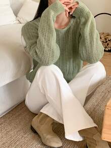 DAZY Solid Color Loose Fit Crew Neck Long Sleeve Casual Vacation Autumn/Winter Pullover Knit Sweater For Women - Green - View 4