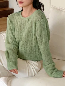 DAZY Solid Color Loose Fit Crew Neck Long Sleeve Casual Vacation Autumn/Winter Pullover Knit Sweater For Women - Green - View 2