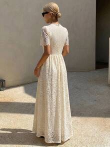 DAZY Solid Color Slim Fit Cinched Waist Princess Dress Elegant Romantic Summer Long Vacation Tea Party Brunch Cream White - Apricot - View 5