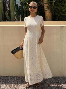 DAZY Solid Color Slim Fit Cinched Waist Princess Dress Elegant Romantic Summer Long Vacation Tea Party Brunch Cream White - Apricot - View 3