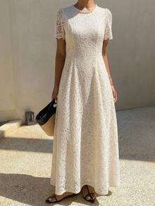 DAZY Solid Color Slim Fit Cinched Waist Princess Dress Elegant Romantic Summer Long Vacation Tea Party Brunch Cream White - Apricot - View 2