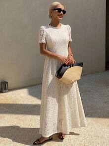 DAZY Solid Color Slim Fit Cinched Waist Princess Dress Elegant Romantic Summer Long Vacation Tea Party Brunch Cream White - Apricot - View 1