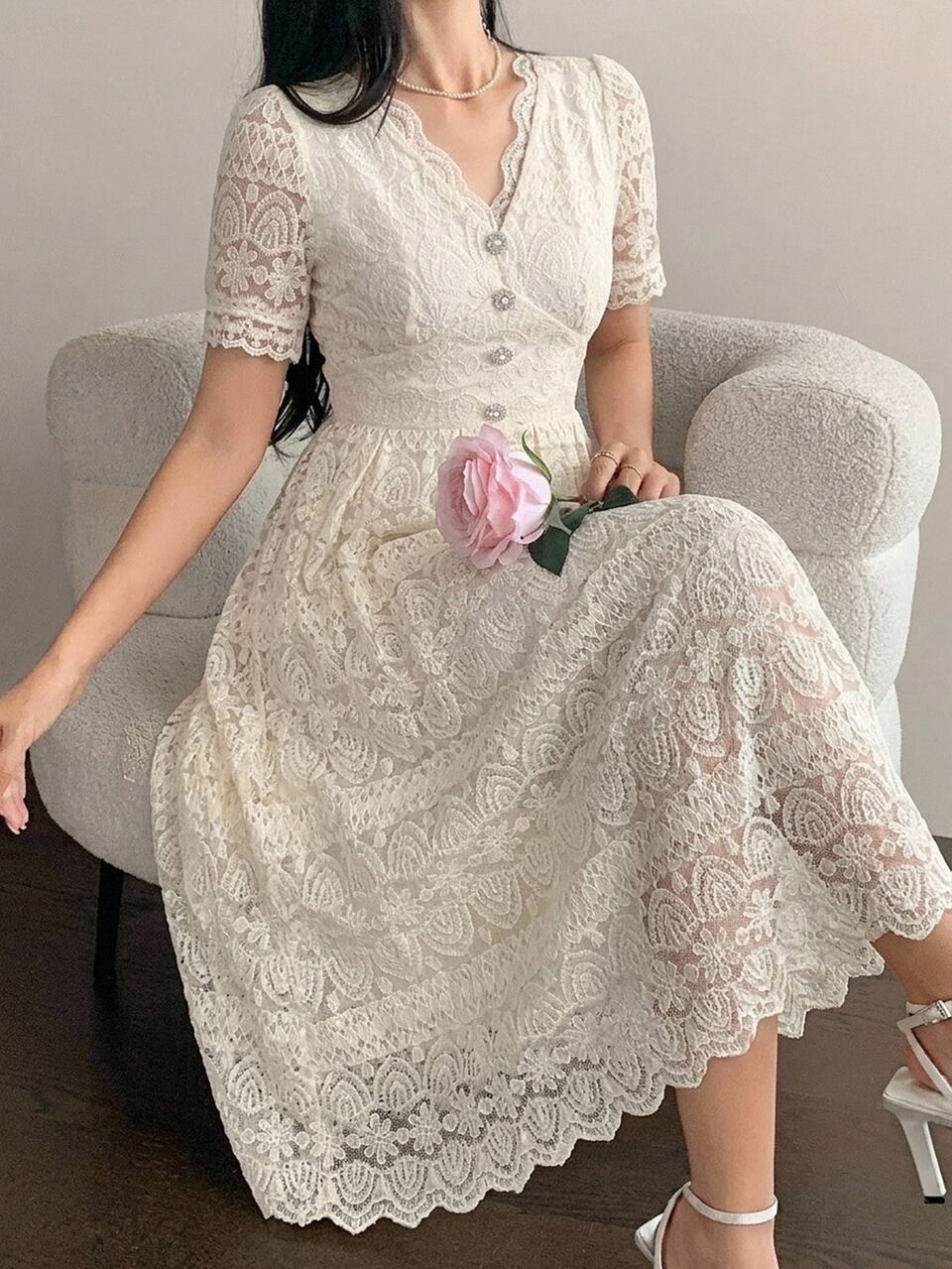 Solid Color Waist-Cinching Umbrella Skirt Lace Princess Sleeve Elegant Summer Long Dress For Women