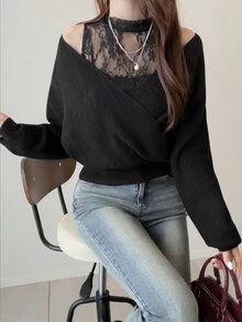 FRIFUL Atasan Wanita Model 2-in-1 Gaya Korea Baru untuk Awal Musim Gugur dengan Detail Renda Kontras di Leher dan Bahu Berongga, Model Lucu. - Hitam - View 7