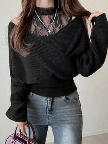FRIFUL Atasan Wanita Model 2-in-1 Gaya Korea Baru untuk Awal Musim Gugur dengan Detail Renda Kontras di Leher dan Bahu Berongga, Model Lucu. - Hitam - View 4
