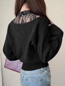 FRIFUL Atasan Wanita Model 2-in-1 Gaya Korea Baru untuk Awal Musim Gugur dengan Detail Renda Kontras di Leher dan Bahu Berongga, Model Lucu. - Hitam - View 2