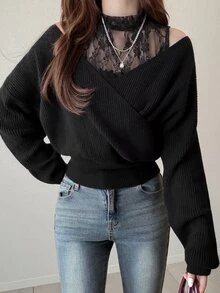 FRIFUL Atasan Wanita Model 2-in-1 Gaya Korea Baru untuk Awal Musim Gugur dengan Detail Renda Kontras di Leher dan Bahu Berongga, Model Lucu. - Hitam - View 3
