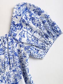Olithes 女士优雅休闲简约方领泡泡袖收腰短款印花度假连衣裙，夏季 - 藍白色 - 查看 15