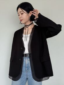 FRIFUL Women's Early Autumn New Korean Style Patchwork Sheer Lightweight Fabric Blazer Jacket - Black - View 4
