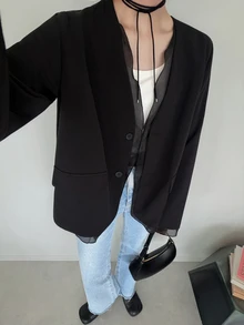 FRIFUL Women's Early Autumn New Korean Style Patchwork Sheer Lightweight Fabric Blazer Jacket - Black - View 6