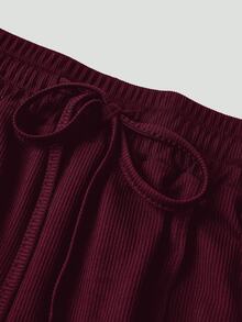 Olithes 2pcs Solid Color Asymmetric Hem Top And Pants Set, Autumn - Burgundy - View 5