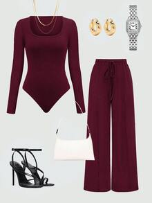 Olithes 2pcs Solid Color Asymmetric Hem Top And Pants Set, Autumn - Burgundy - View 12