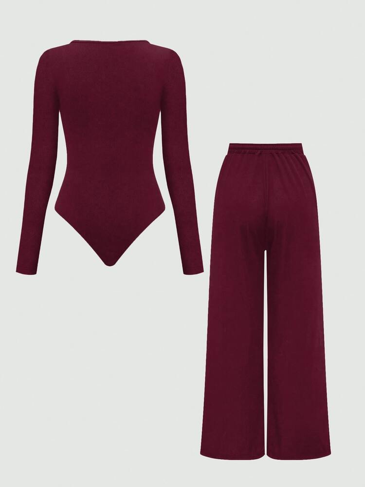 Olithes 2pcs Solid Color Asymmetric Hem Top And Pants Set, Autumn - Burgundy - View 2