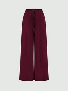 Olithes 2pcs Solid Color Asymmetric Hem Top And Pants Set, Autumn - Burgundy - View 3