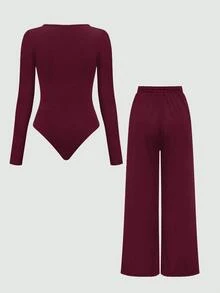 Olithes 2pcs Solid Color Asymmetric Hem Top And Pants Set, Autumn - Burgundy - View 8