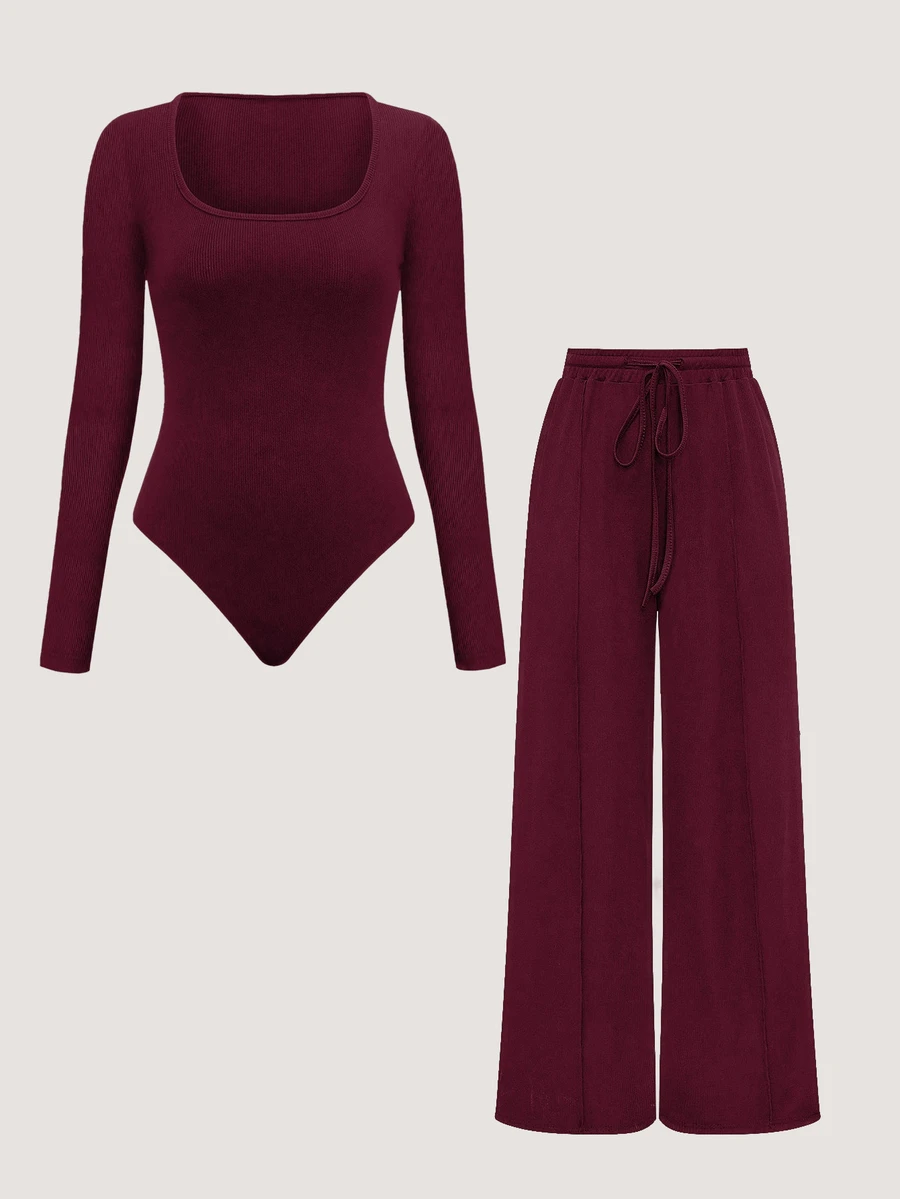 Olithes 2pcs Solid Color Asymmetric Hem Top And Pants Set, Autumn - Burgundy - View 1