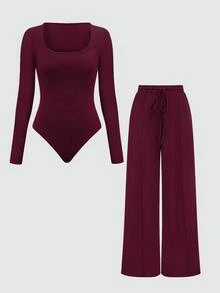 Olithes 2pcs Solid Color Asymmetric Hem Top And Pants Set, Autumn - Burgundy - View 7