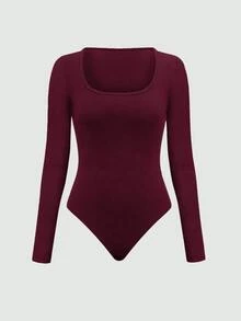 Olithes 2pcs Solid Color Asymmetric Hem Top And Pants Set, Autumn - Burgundy - View 4