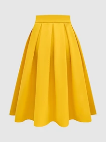 SHEIN Women's Casual Simple Versatile Pleated A-Line Skirt, Spring/Autumn - Yellow - View 2