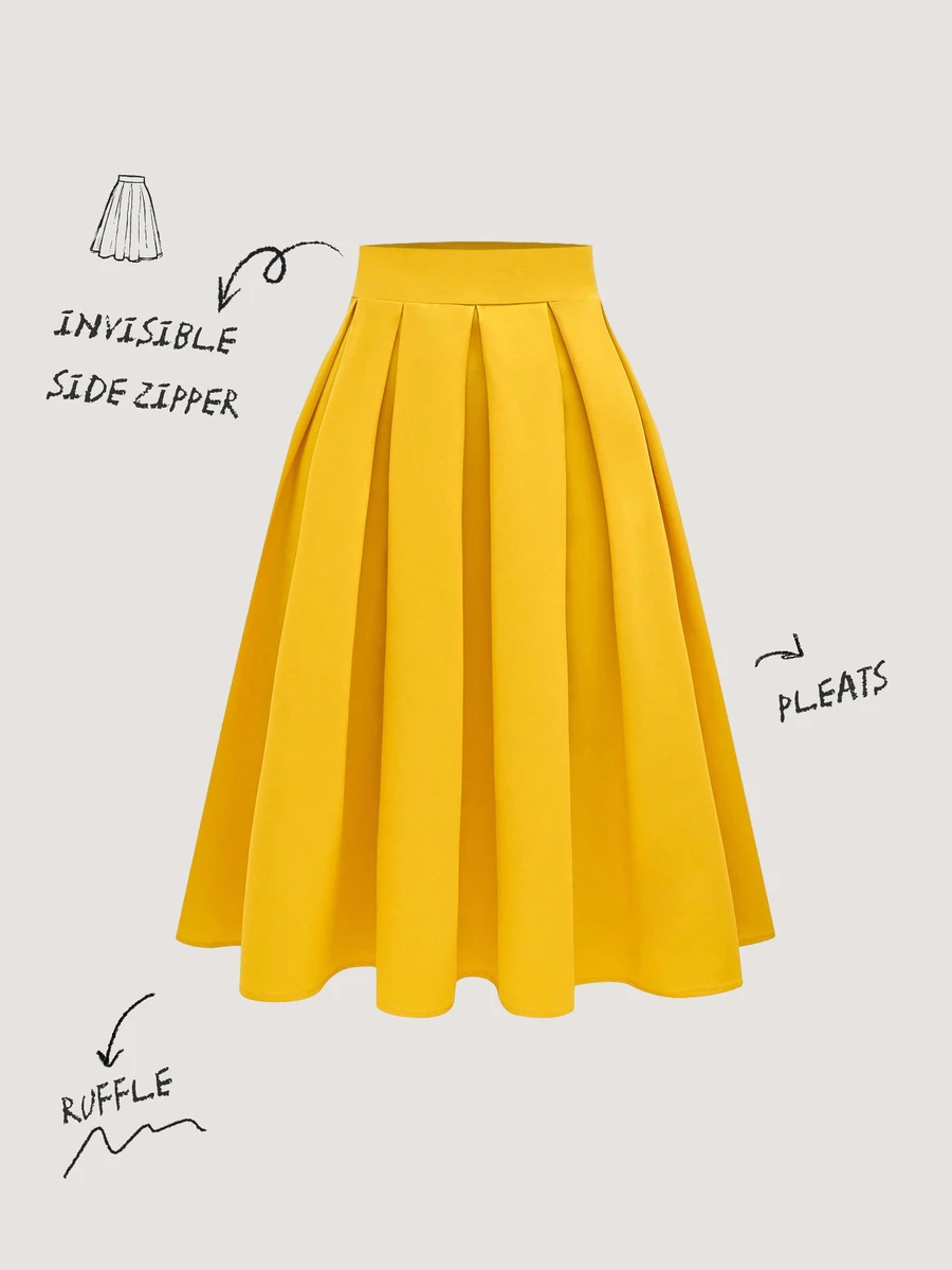 SHEIN Women's Casual Simple Versatile Pleated A-Line Skirt, Spring/Autumn - Yellow - View 1