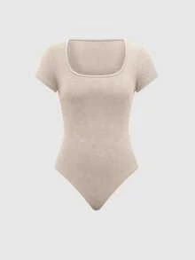 SHEIN 女士方領純色短袖連體衣和束繩腰褲，夏季休閒套裝 - 杏色 - 查看 3