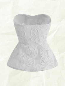 Olithes 优雅无肩带收腰荷叶边下摆侧开衩隐形拉链网纱刺绣杏色女式衬衫，春夏款 - 白色 - 查看 10
